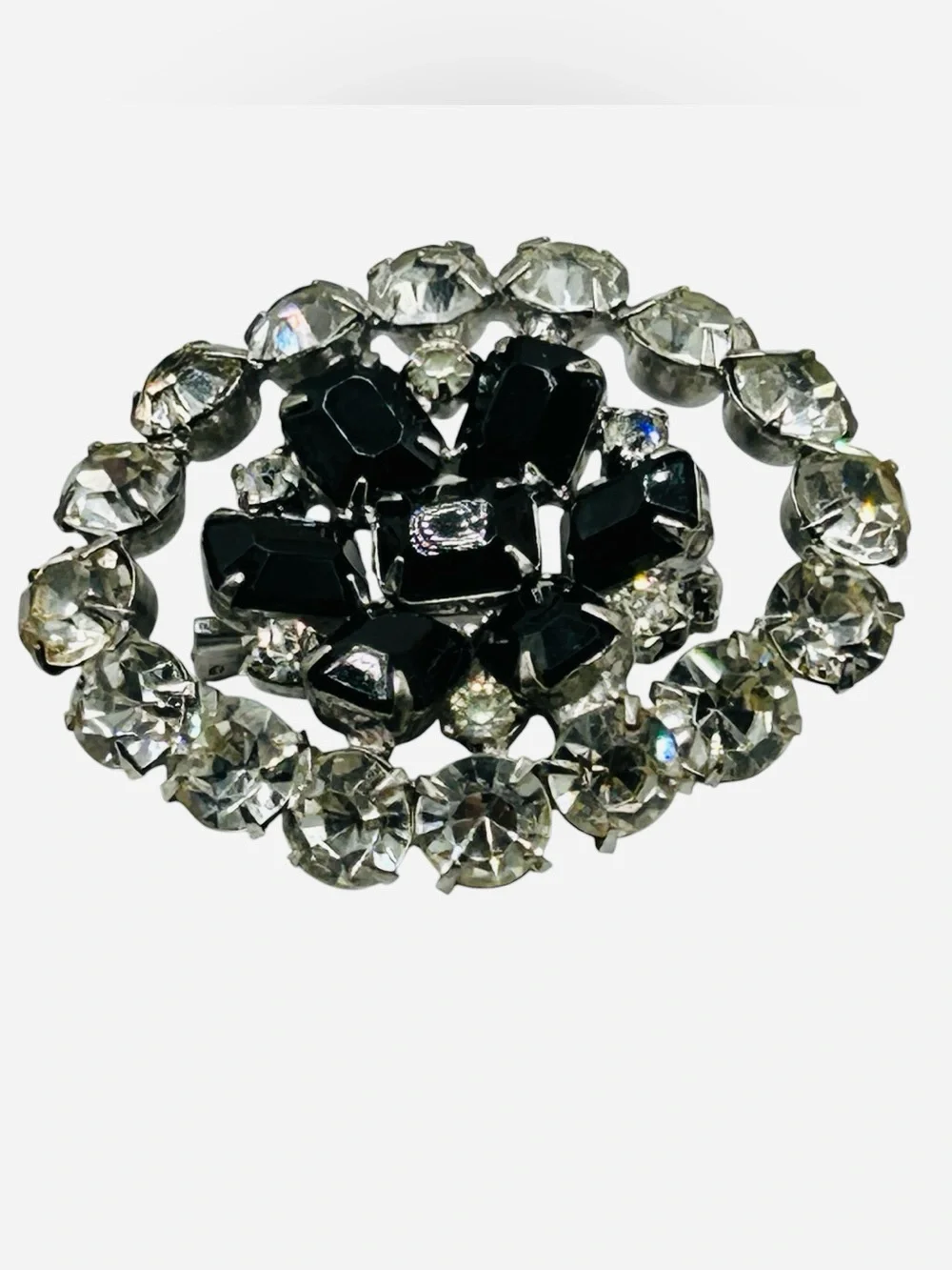 Vintage Black and Clear Rhinestone Oval Brooch